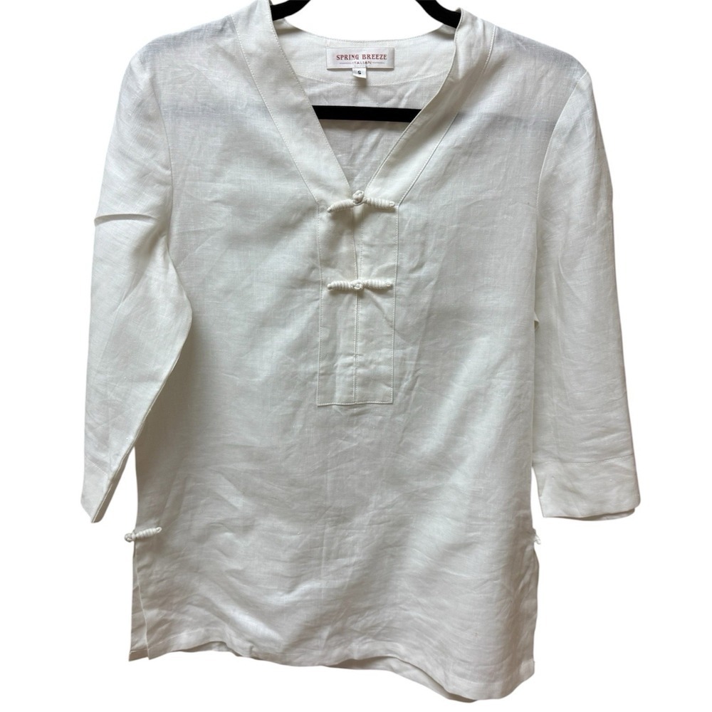 Spring Breeze Italian White Linen Blend Tunic Top Chinese Frog Closures Size S